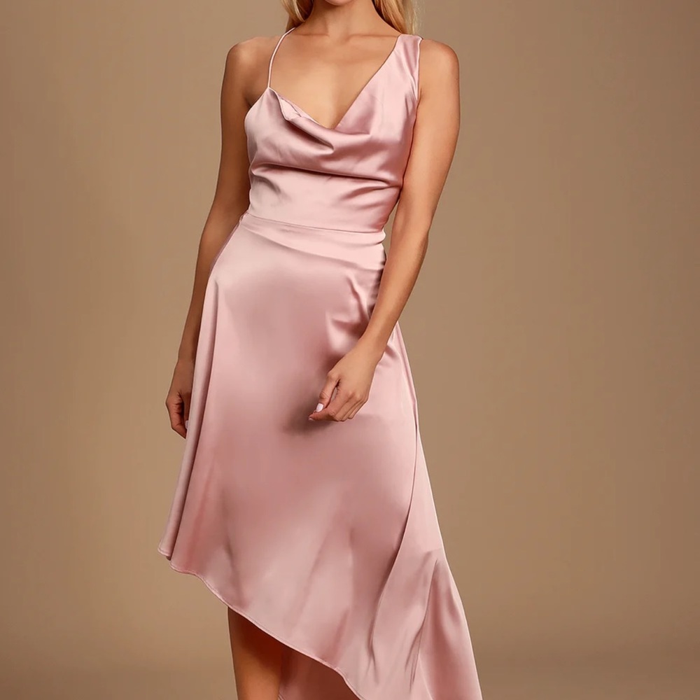 LuLu’s Mauve pink asymmetrical satin dress